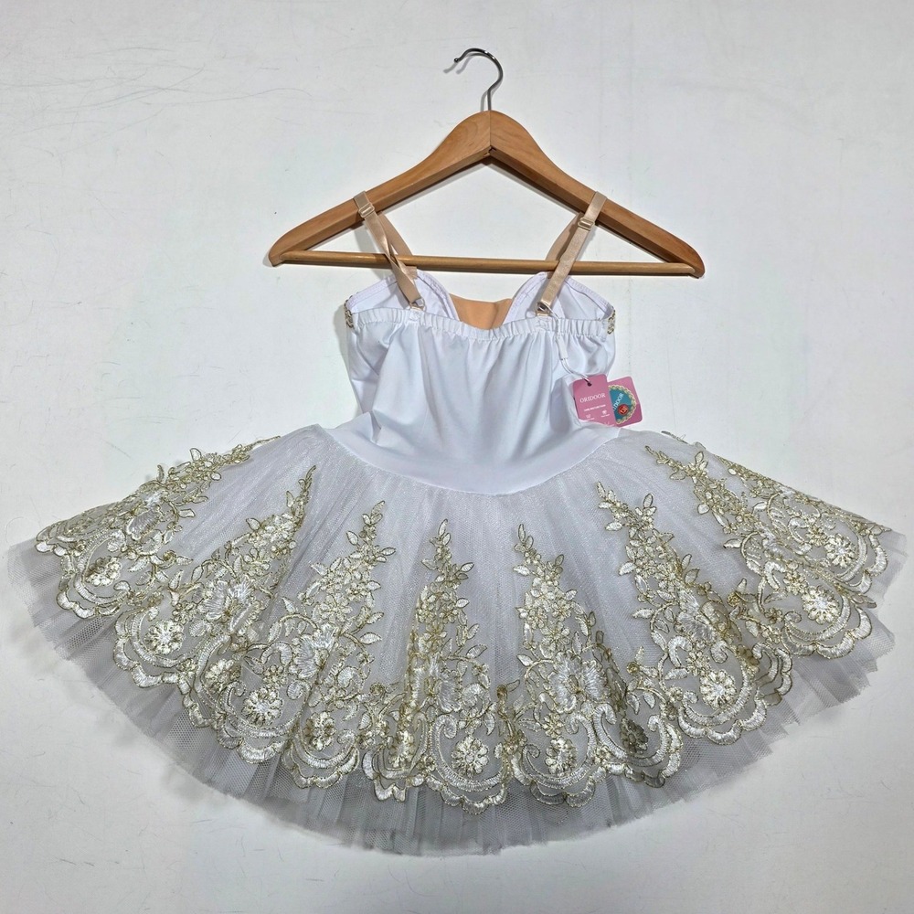 Oridoor Professional Ballet Tutu Girls 130 White Gold Sequin Lace Dance Costume - Picture 2 of 8